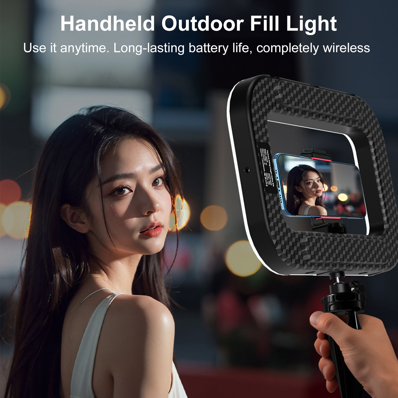 Photography Lighting Handheld - ไฟโทรศัพท์มือถือแบบชาร์จได้ พร้อมที่จับโทรศัพท์สำหรับบันทึกวิดีโอ ไฟเซลฟี่แบบวงแหวน